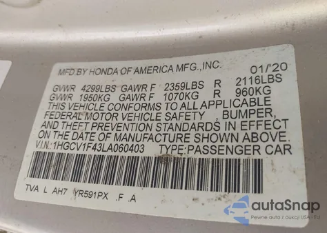 2020 Honda Accord Ex from USA, damaged, VIN 1HGCV1F43LA060403